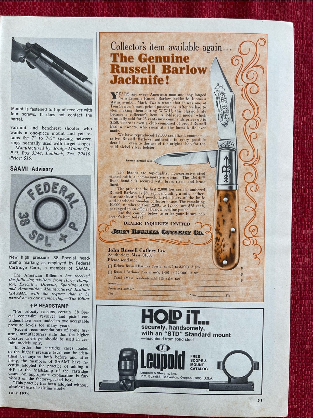 1974 John Russell Cutlery Russell Barlow Jacknife Vintage Print Ad